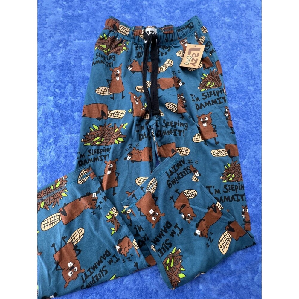 NWT LAZY ONE Men's Size Small Sleep Dammit Blue Beaver-Patterned Pajama Pants